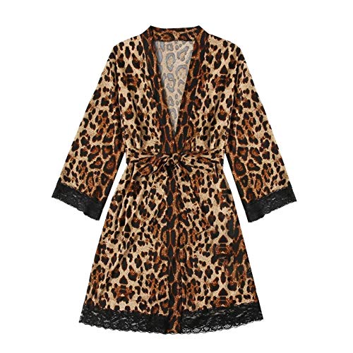 Meclelin Morgenmantel Damen Leopard Sexy Robe Kurz Kimono Satin Bademantel Pyjamas Spitze Cardigan Nachtwäsche von Meclelin