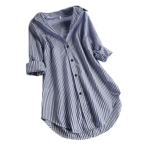 Meclelin Oversize Gestreifte Bluse Damen Verstellbare Ärmel Shirts aus Baumwolle V-Ausschnitt Oberteile Freizeit Tunika Arbeitsbluse Lässige Lose Tshirts Long Frühling Sommer 36-50(40,Marine) von Meclelin