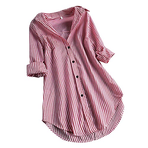 Meclelin Oversize Gestreifte Bluse Damen Verstellbare Ärmel Shirts aus Baumwolle V-Ausschnitt Oberteile Freizeit Tunika Arbeitsbluse Lässige Lose Tshirts Long Frühling Sommer 36-50(46,Rot) von Meclelin