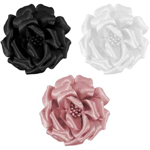 Mecool Rose Hair Clip Party Hochzeit Brosche Corsage Haar Kopf Clip Kopfschmuck Blume Haar Pin Rose Haar Barrette Zubehör für Frauen Mädchen,3-teilige(Schwarz/Weiß/Rosa) von Mecool
