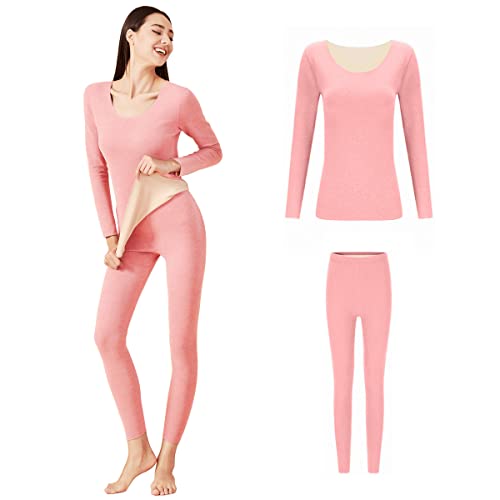 Mecool Thermo-Unterwäsche-Set für Damen, langärmeliges Oberteil, ultraweiche Basisschicht, Oberteile und Leggings,Rosa-L von Mecool