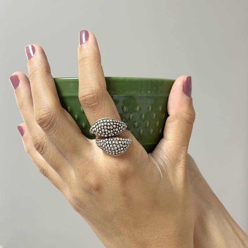 Antique Silver Plated Wrap Ring, Brass Dotted Open Band Large Adjustable Leaf Pattern Gift For Mother, 1 Pcs, R65 von MedcezirBohoJewelry