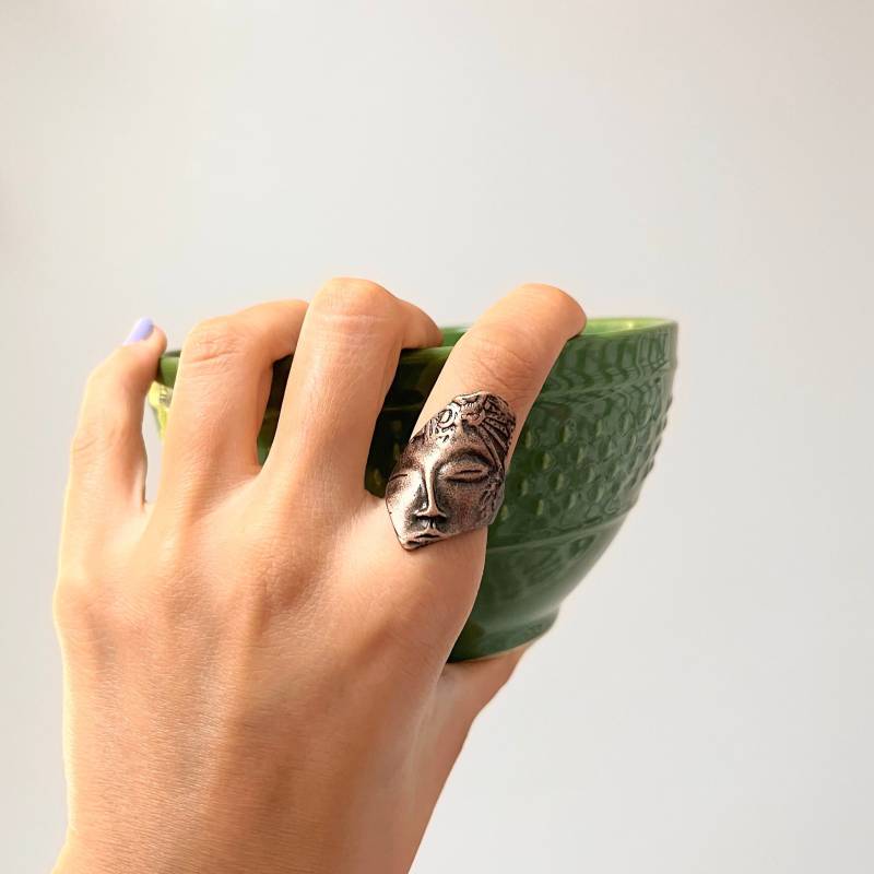 Irregular Geometric Ring, Sad Face Adjustable Open Antique Cooper Human Shaped Delicate Chunky R88 von MedcezirBohoJewelry