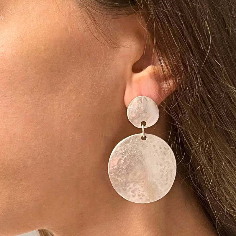 Silver Round Earrings, Double Disc Large Dangle Oversized Brass Gift For Woman, Circle E157 As von MedcezirBohoJewelry