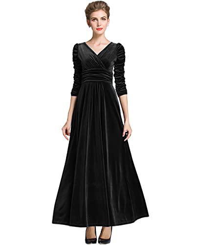 MedeShe Damen Weihnachten Langarm V Ausschnitt Samt Maxikleid, Schwarz geraffte Taille, 36-38 von Medeshe