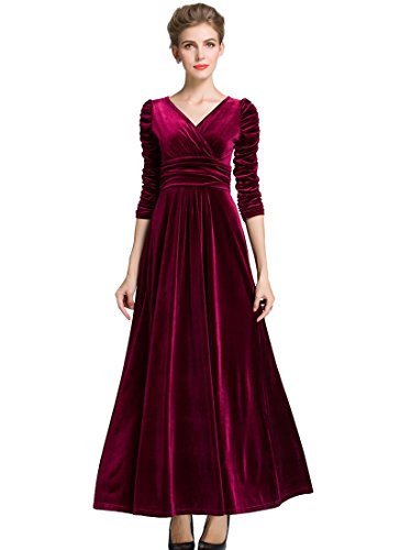 MedeShe Damen Weihnachten Langarm V Ausschnitt Samt Maxikleid - Rot - 40-42 von Medeshe