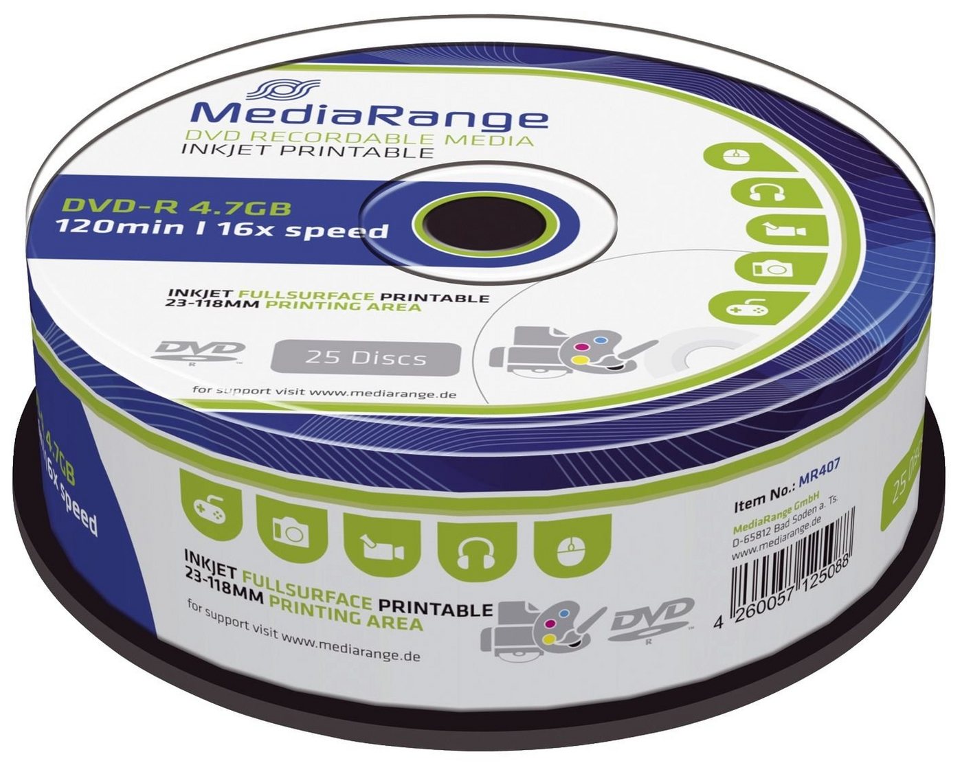 Mediarange Handgelenkstütze MediaRange DVD-R 4.7GB 25pcs Spindel 16x Inkjet Full Printa von Mediarange