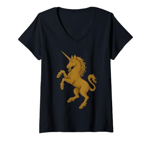 Damen Einhorn Wappen Renaissance Fantasy Heraldisch Mittelalter Tier T-Shirt mit V-Ausschnitt Damen Einhorn Wappen Renaissance Fantasy Heraldisch Mittelalter Tier T-Shirt mit V-Ausschnitt von Medieval Animals Heraldic Crest Clothing