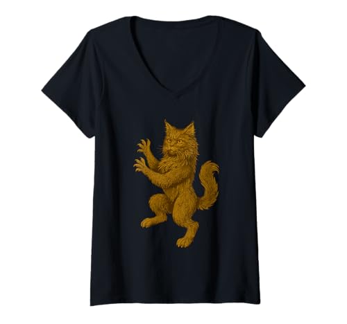Damen Maine Coon Katze Wappen Renaissance Fantasy Kunst Mittelalter Tier T-Shirt mit V-Ausschnitt Damen Maine Coon Katze Wappen Renaissance Fantasy Kunst Mittelalter Tier T-Shirt mit V-Ausschnitt von Medieval Animals Heraldic Crest Clothing