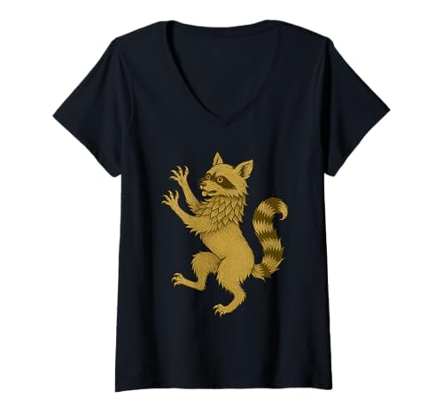Damen Waschbär Wappen Renaissance Fantasy Heraldisch Mittelalter Tier T-Shirt mit V-Ausschnitt Damen Waschbär Wappen Renaissance Fantasy Heraldisch Mittelalter Tier T-Shirt mit V-Ausschnitt von Medieval Animals Heraldic Crest Clothing