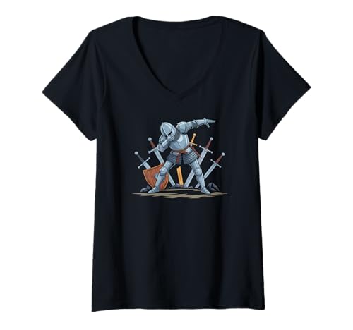 Damen Dabbing Knight mit Schwertern und Schild T-Shirt mit V-Ausschnitt Damen Dabbing Knight mit Schwertern und Schild T-Shirt mit V-Ausschnitt von Medieval Fantasy Knight Armor Battle