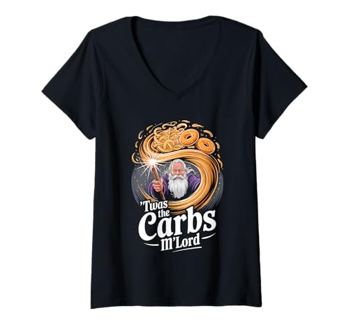 Damen 'TWAS The Carbs M'Lord Funny Fantasy Wizard Magic Spell T-Shirt mit V-Ausschnitt Damen 'TWAS The Carbs M'Lord Funny Fantasy Wizard Magic Spell T-Shirt mit V-Ausschnitt von Medieval Meme Humor for Low Carb Warriors