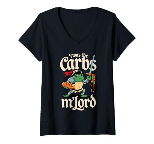 Damen 'TWAS The Carbs M'Lord Funny Frog Meme Medieval Knigh T-Shirt mit V-Ausschnitt Damen 'TWAS The Carbs M'Lord Funny Frog Meme Medieval Knigh T-Shirt mit V-Ausschnitt von Medieval Meme Humor for Low Carb Warriors