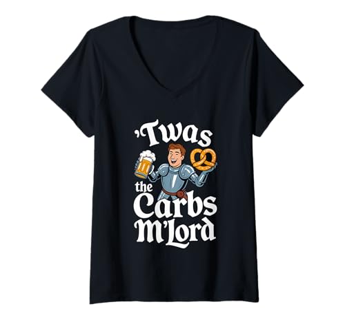 Damen 'TWAS The Carbs M'Lord Funny German Food Beer Pretzel T-Shirt mit V-Ausschnitt Damen 'TWAS The Carbs M'Lord Funny German Food Beer Pretzel T-Shirt mit V-Ausschnitt von Medieval Meme Humor for Low Carb Warriors