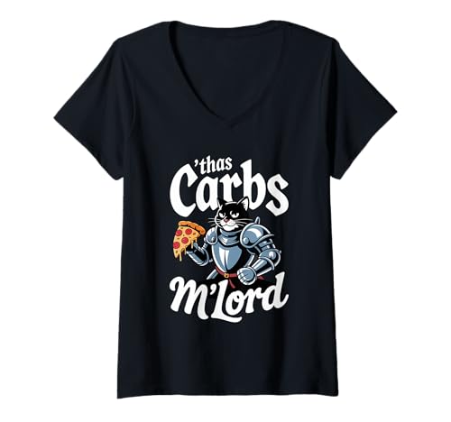 Damen 'TWAS The Carbs M'Lord Funny Pizza Cat Knight T-Shirt mit V-Ausschnitt Damen 'TWAS The Carbs M'Lord Funny Pizza Cat Knight T-Shirt mit V-Ausschnitt von Medieval Meme Humor for Low Carb Warriors