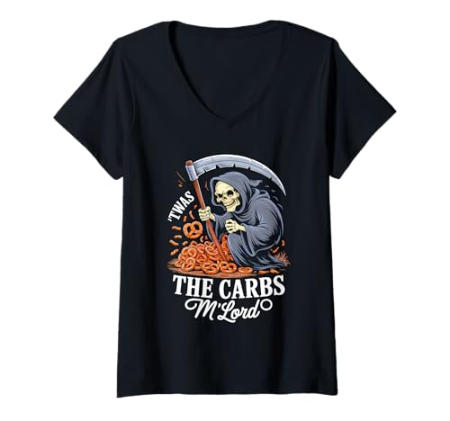 Damen 'TWAS The Carbs M'Lord Funny Reaper Pretzel T-Shirt mit V-Ausschnitt Damen 'TWAS The Carbs M'Lord Funny Reaper Pretzel T-Shirt mit V-Ausschnitt von Medieval Meme Humor for Low Carb Warriors