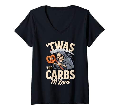 Damen 'TWAS The Carbs M'Lord Funny Reaper Pretzel T-Shirt mit V-Ausschnitt von Medieval Meme Humor for Low Carb Warriors