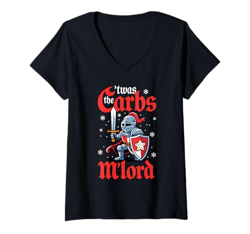 Damen 'TWAS The Carbs M'Lord Funny Thanksgiving Knight Cockies T-Shirt mit V-Ausschnitt Damen 'TWAS The Carbs M'Lord Funny Thanksgiving Knight Cockies T-Shirt mit V-Ausschnitt von Medieval Meme Humor for Low Carb Warriors