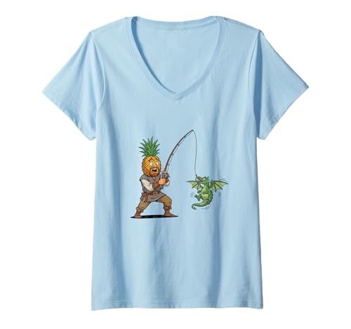 Damen Mittelalterliche Ananas Angeln Niedlicher Drache Cartoon Fantasie T-Shirt mit V-Ausschnitt Damen Mittelalterliche Ananas Angeln Niedlicher Drache Cartoon Fantasie T-Shirt mit V-Ausschnitt von Medieval Pineapple with Cute Dragon Collection