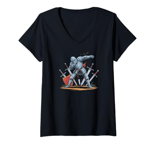Damen Ritter in Rüstung umgeben von Schwertern T-Shirt mit V-Ausschnitt Damen Ritter in Rüstung umgeben von Schwertern T-Shirt mit V-Ausschnitt von Medieval Warrior Knights Swords History