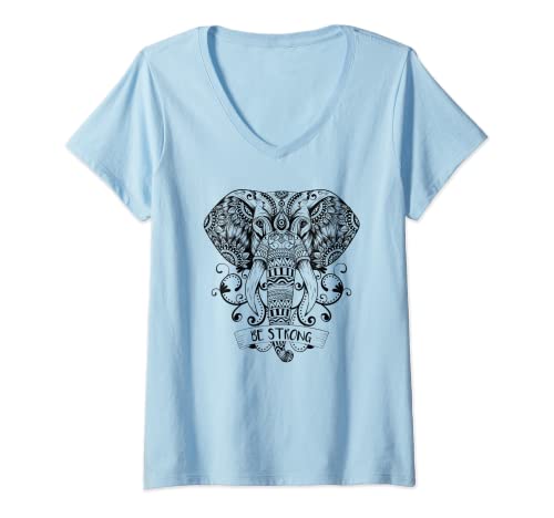 Damen Elefant Yoga Elefanten Motiv Mandala Ganesha Chakra Tribal T-Shirt mit V-Ausschnitt von Meditation Übung Training Kurs Zubehör