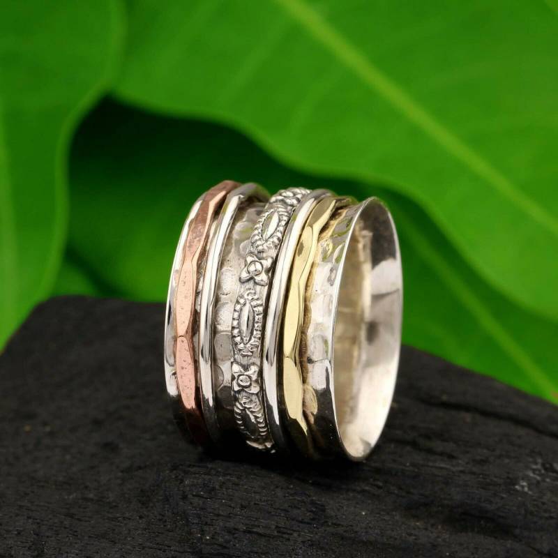 Silver Spinner Ring, Hammered Band Copper Brass 925 Sterling Handmade Christmas Jewelry, Gift For Her von Silverjewellery30
