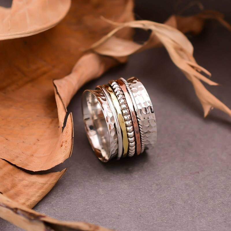 Silver Copper Brass Spinner Band Ring, Hammered 925 Sterling Silver, Handmade Ring For Women, Christmas Gift Love von Silverjewellery30
