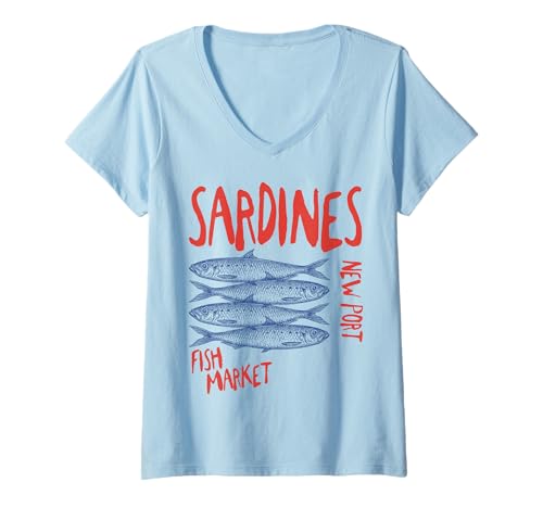 Damen Sardinen Fisch Retro Vintage Meer Sommer Damen T-Shirt mit V-Ausschnitt von Mediterran Strand Meeresfrüchte