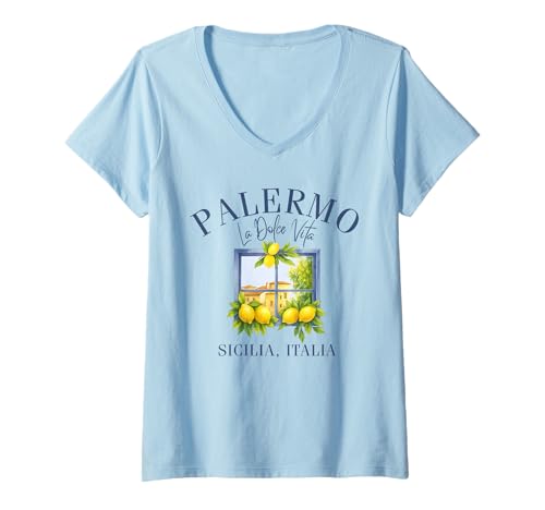 Damen Palermo Sizilien, La Dolce Vita, Sicilia Italia, Limoncello T-Shirt mit V-Ausschnitt Damen Palermo Sizilien, La Dolce Vita, Sicilia Italia, Limoncello T-Shirt mit V-Ausschnitt von Mediterranean Heritage Souvenir