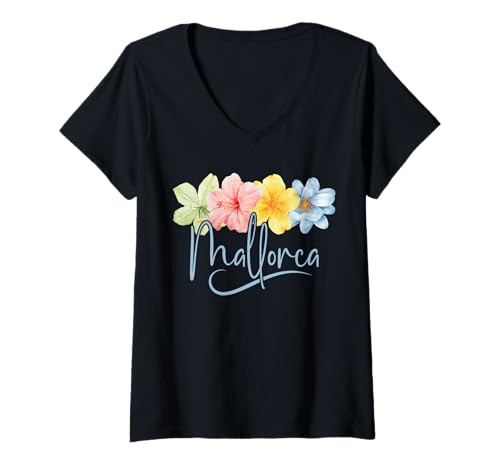 Damen Mallorca Flowers Spanien Balearen Floral Vacation T-Shirt mit V-Ausschnitt Damen Mallorca Flowers Spanien Balearen Floral Vacation T-Shirt mit V-Ausschnitt von Mediterranean Island Mallorca Summer Souvenirs