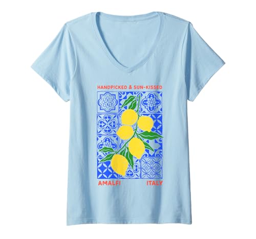 Damen Zitronenblau Fliesen Mosaik mediterran italienisch Sommer Amalfi T-Shirt mit V-Ausschnitt Damen Zitronenblau Fliesen Mosaik mediterran italienisch Sommer Amalfi T-Shirt mit V-Ausschnitt von Mediterranean Italian Summer Amalfi Coast Lemon