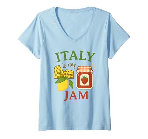 Damen Italy is My Jam Süß Lustig Erdbeere Retro Reise Urlaub T-Shirt mit V-Ausschnitt Damen Italy is My Jam Süß Lustig Erdbeere Retro Reise Urlaub T-Shirt mit V-Ausschnitt von Mediterraner Lebensstil Design Damen Herren Kinder