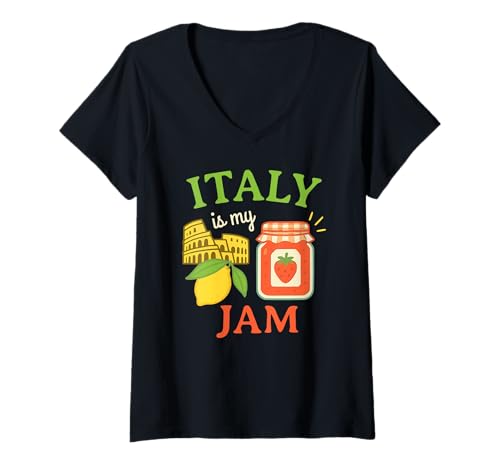 Damen Italy is My Jam Süß Lustig Erdbeere Retro Reise Urlaub T-Shirt mit V-Ausschnitt Damen Italy is My Jam Süß Lustig Erdbeere Retro Reise Urlaub T-Shirt mit V-Ausschnitt von Mediterraner Lebensstil Design Damen Herren Kinder