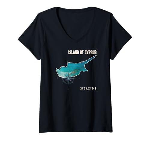 Damen Zypern Umriss mit Luftaufnahme und Kompassdesign T-Shirt mit V-Ausschnitt Damen Zypern Umriss mit Luftaufnahme und Kompassdesign T-Shirt mit V-Ausschnitt von Mediterranes Inselmotiv mit geografischen Details