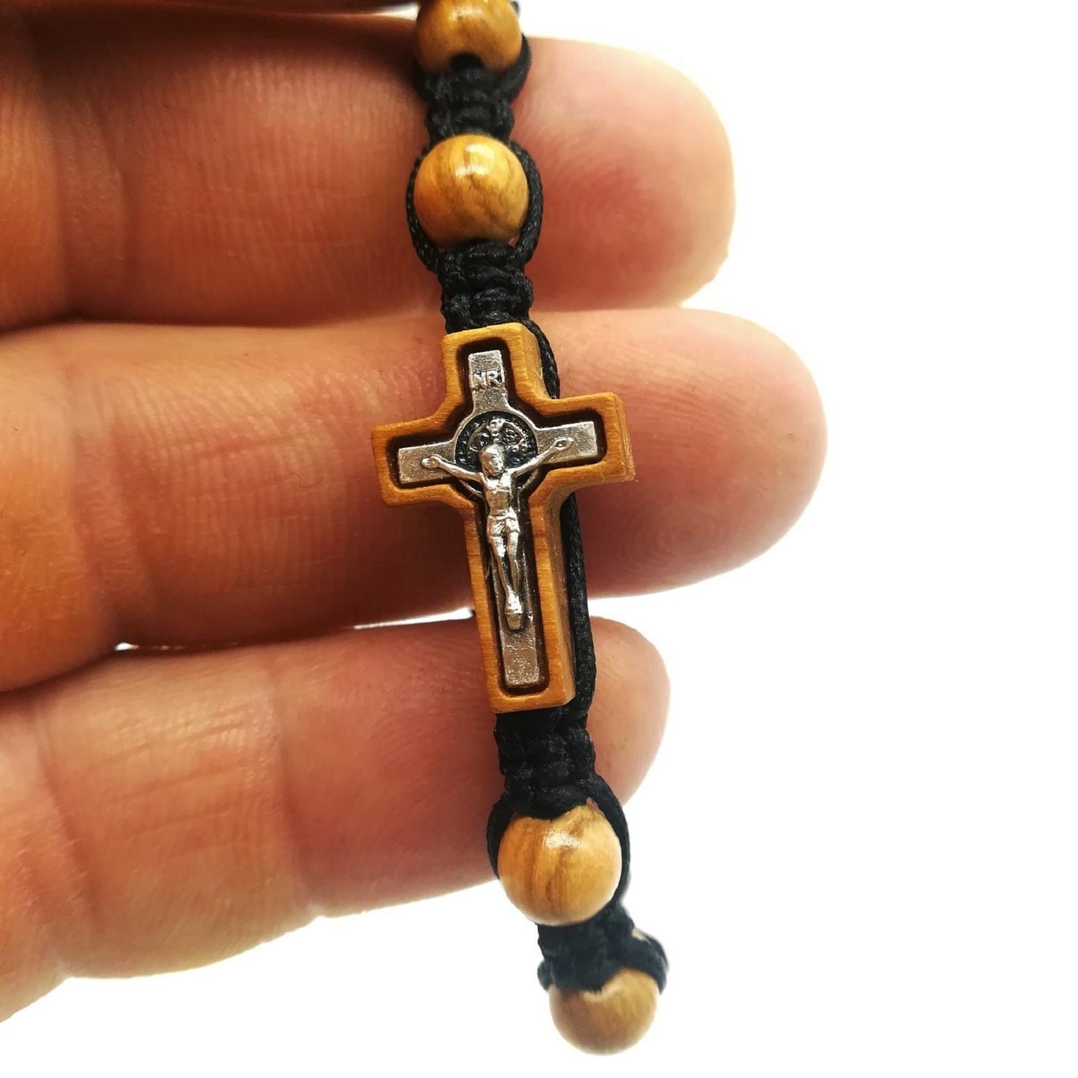 Kreuz Armband Aus Olivenholz, Holzperlen Rosenkranz Armband, Jesus Verstellbares Kordelarmband, Kreuzarmband, Seitlich Charm von MedjugorjeStoneGifts