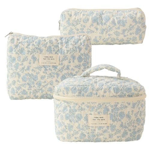 Blumen -Make -up -Beutel, Gesteppte Make -up -Tasche Set 3PCS Baumwollblumen -Make -up -Tasche in verschiedenen Größen, Zip -Verschluss ästhetische Toilettenbeutel Kosmetikbeutel Set für Frauen Mädch von Mednkoku