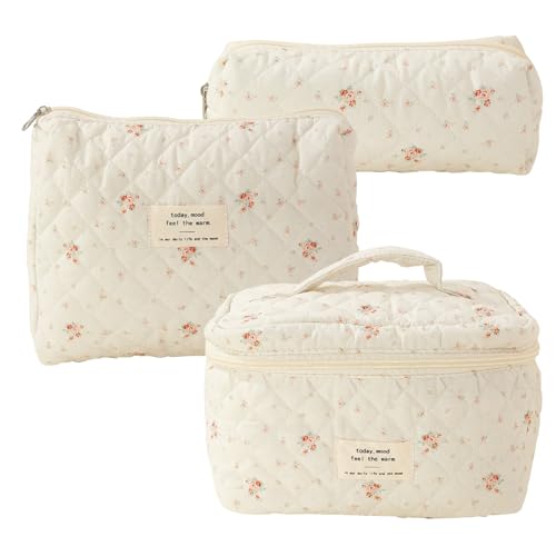 Blumen -Make -up -Tasche, Gesteppte Make -up -Tasche Set 3PCS Baumwollblumen -Make -up -Tasche in verschiedenen Größen, Zip -Verschluss ästhetische Toilettenbeutel Kosmetikbeutel Set für Frauen Mädch von Mednkoku