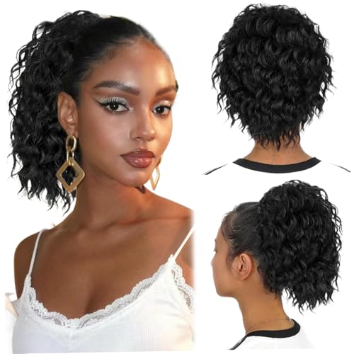 Curly Ponytail -Erweiterung 8 Zoll schwarz verstellbarer Drawess gefälschter Pferdeschwanz mit atmungsaktivem Netz natürlicher und leicht aussehender Pferdeschwanzverlängerung für Frauen täglich, Dra von Mednkoku
