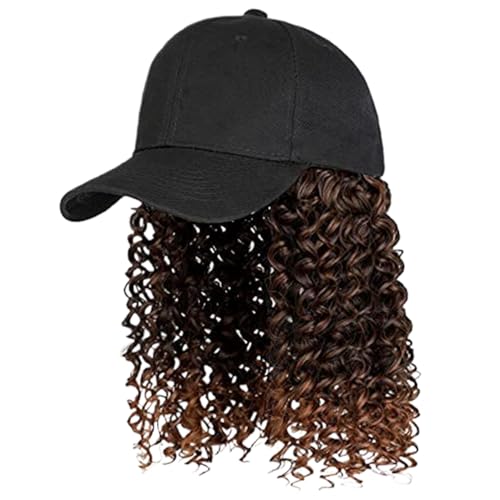 Hutperücke 16 Zoll Baseball Cap Perücke lockige Haar Perücke verstellbarer Hut mit Haare synthetische Perückenwellenhaarverlängerungen Haarstück für Frauen braune Frauenperücken von Mednkoku