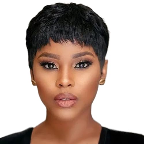 Pixie Cut Perücke menschliches Haar 3 Zoll kurze Perücken für schwarze Frauen glühlos natürlicher Look Spitzenfront mit Pony Straight Black von Mednkoku