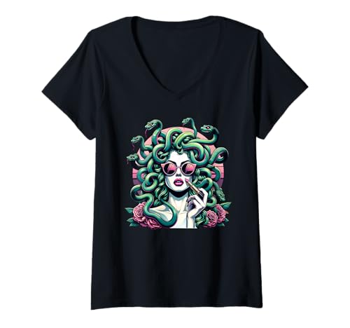 Damen Glamouröse Medusa Snake Lady Stilvolle mythische Modekunst T-Shirt mit V-Ausschnitt Damen Glamouröse Medusa Snake Lady Stilvolle mythische Modekunst T-Shirt mit V-Ausschnitt von Medusa Glam Apparel