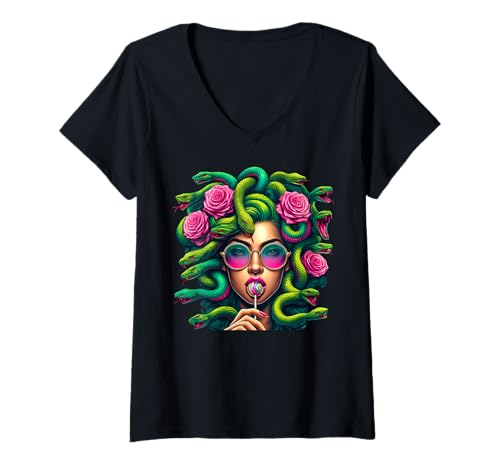 Damen Medusa Hippie Psychedelic Snakes Greek Mythology T-Shirt mit V-Ausschnitt Damen Medusa Hippie Psychedelic Snakes Greek Mythology T-Shirt mit V-Ausschnitt von Medusa Greek Goddess Hippie Psychedelic Fantasy