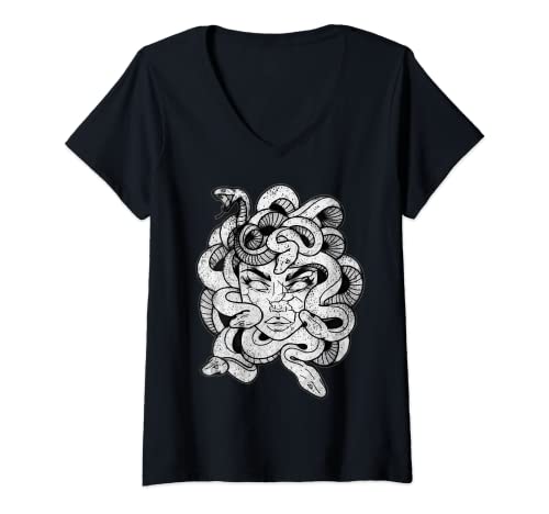 Damen Medusa Statue, Schwarz / Weiß, Stein, griechische Mythologie Medusa T-Shirt mit V-Ausschnitt von Medusa Shirt