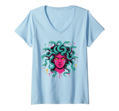 Damen Medusa Griechische Mythologie Schlangenhaar Verwandlung zu Stein Graffiti Kunst T-Shirt mit V-Ausschnitt Damen Medusa Griechische Mythologie Schlangenhaar Verwandlung zu Stein Graffiti Kunst T-Shirt mit V-Ausschnitt von Medusa Shirts & Gifts HHWCo.