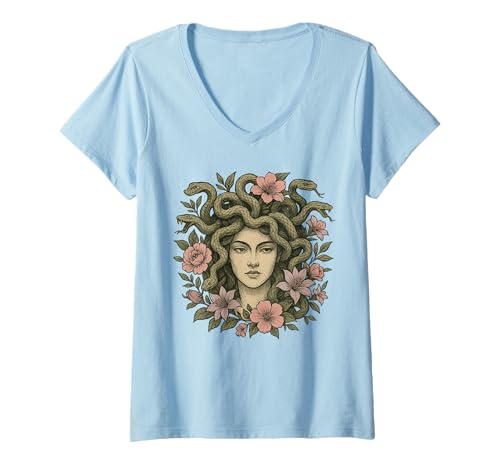Damen Medusa Griechische Mythologie Schlangenhaar hübsche Blumen Floral Art T-Shirt mit V-Ausschnitt Damen Medusa Griechische Mythologie Schlangenhaar hübsche Blumen Floral Art T-Shirt mit V-Ausschnitt von Medusa Shirts & Gifts HHWCo.