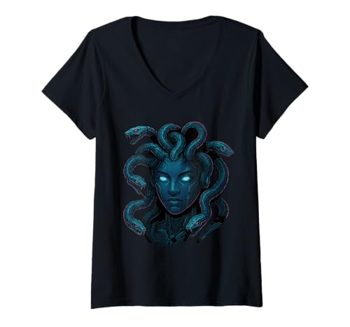 Damen Medusa Griechische Mythologie Schlangenhaare verwandeln Sich in Stein gruselige Augen T-Shirt mit V-Ausschnitt Damen Medusa Griechische Mythologie Schlangenhaare verwandeln Sich in Stein gruselige Augen T-Shirt mit V-Ausschnitt von Medusa Shirts & Gifts HHWCo.
