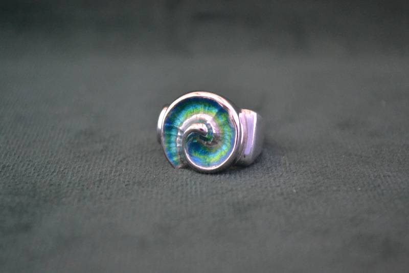 Handgemachte Emaille Und Sterling Silber Ring, Spiral Design, Blau Grün Frauen Geschenk Für Sie von MedusaFineJewelry