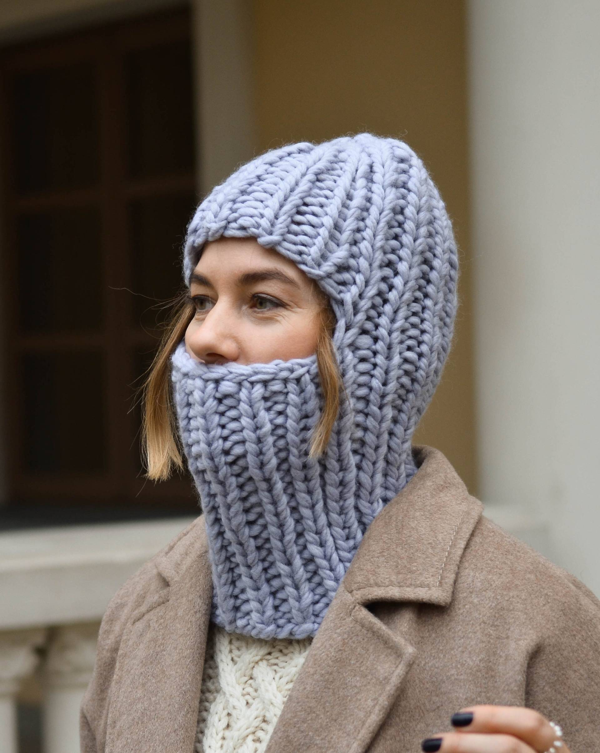 Handgestrickte Mütze Aus Wolle Blau, Warme Für Frauen, Winterliche Kapuze Mit Ohren, Männer von Medvilniukas