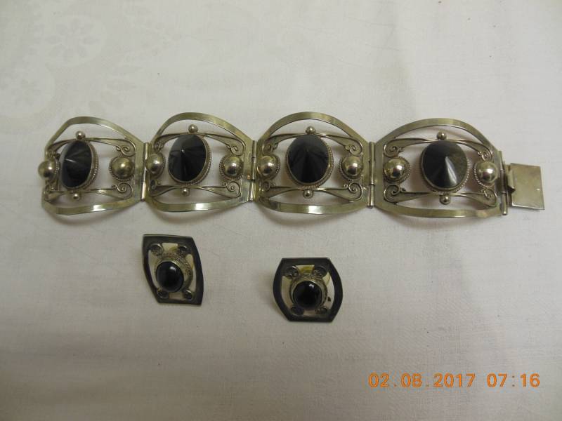 sterling Silber Set Schweres Armband Und Ohrringe Mit Onyx-Design sterling Silber Set Schweres Armband Und Ohrringe Mit Onyx-Design von Medy53