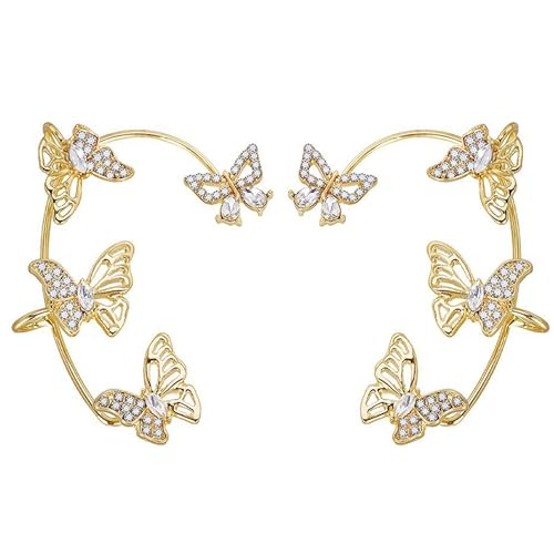 1-Paar Schmetterling Ohrringe Vintage Schmetterling Ohr Manschetten ohne durchbohrte Ohrclip Ohrringe glänzende Zirkon Hypoallergene Ohrringe für Frauen (golden) von MeeQee